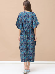 Geometric Print Dark Blue Chanderi Silk Maternity Kaftan Dress Calf Length