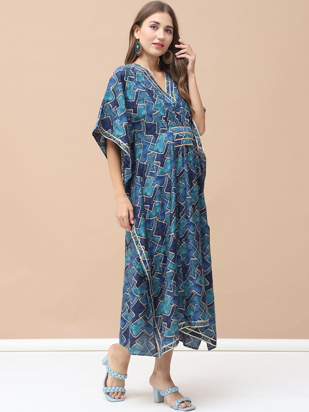 Geometric Print Dark Blue Chanderi Silk Maternity Kaftan Dress Calf Length