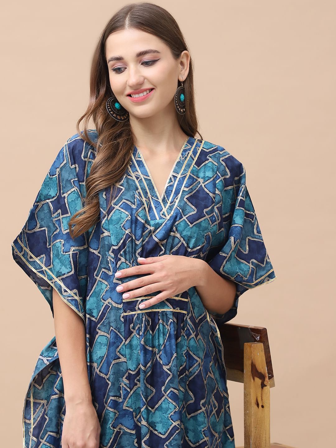 Geometric Print Dark Blue Chanderi Silk Maternity Kaftan Dress Calf Length