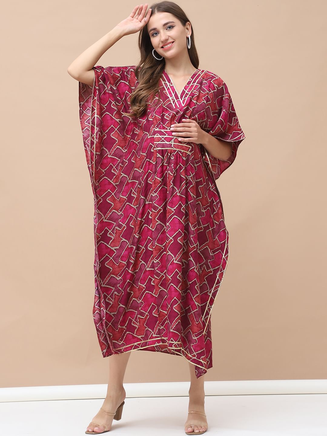 Geometric Print Dark Pink Chanderi Silk Maternity Kaftan Dress Calf Length