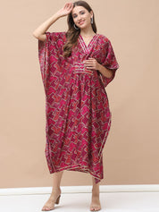 Geometric Print Dark Pink Chanderi Silk Maternity Kaftan Dress Calf Length