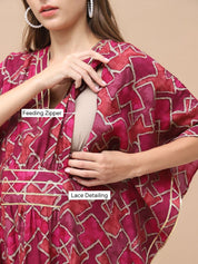 Geometric Print Dark Pink Chanderi Silk Maternity Kaftan Dress Calf Length