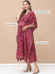 Geometric Print Dark Pink Chanderi Silk Maternity Kaftan Dress Calf Length