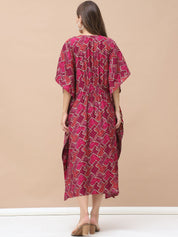 Geometric Print Dark Pink Chanderi Silk Maternity Kaftan Dress Calf Length