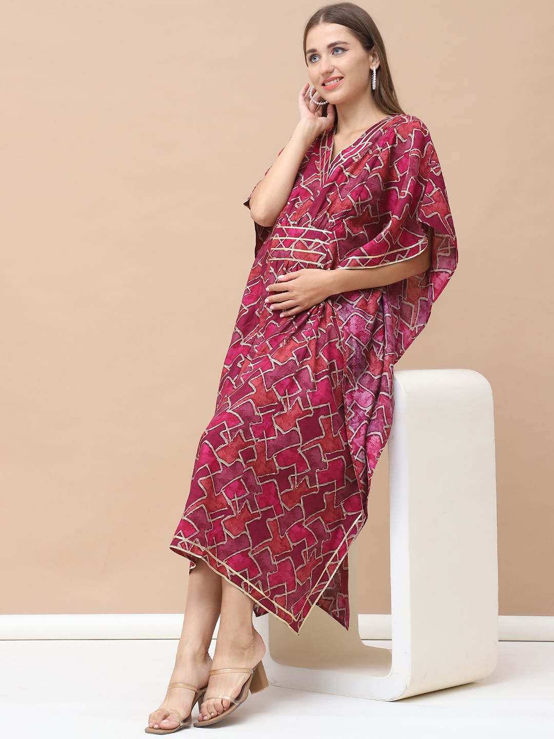 Geometric Print Dark Pink Chanderi Silk Maternity Kaftan Dress Calf Length