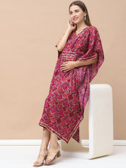 Geometric Print Dark Pink Chanderi Silk Maternity Kaftan Dress Calf Length