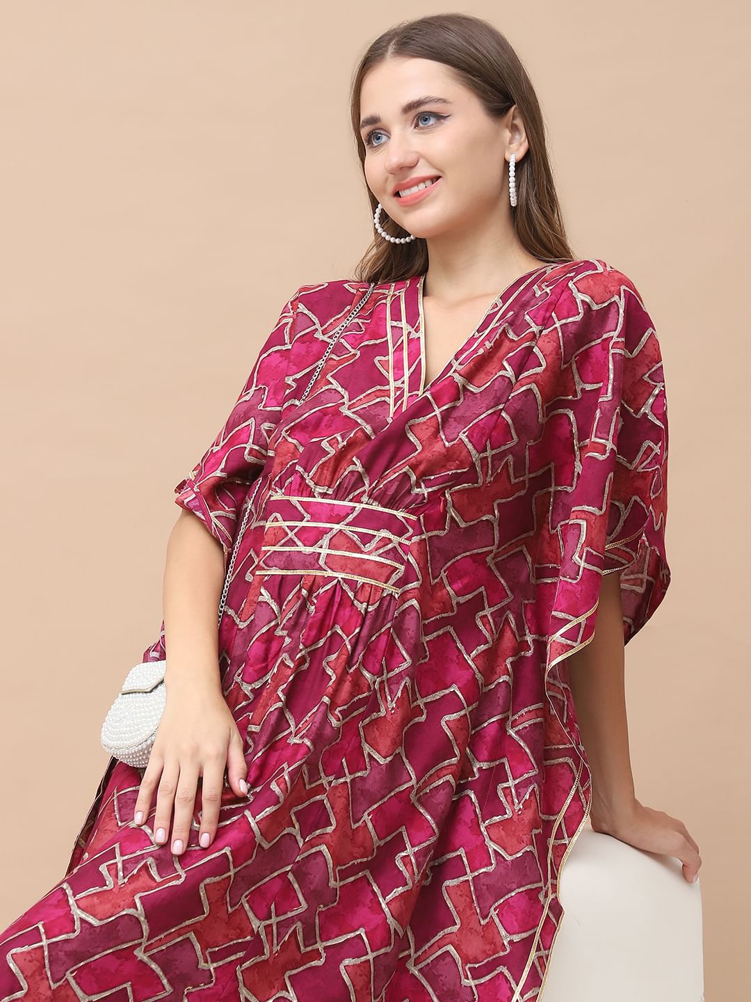 Geometric Print Dark Pink Chanderi Silk Maternity Kaftan Dress Calf Length