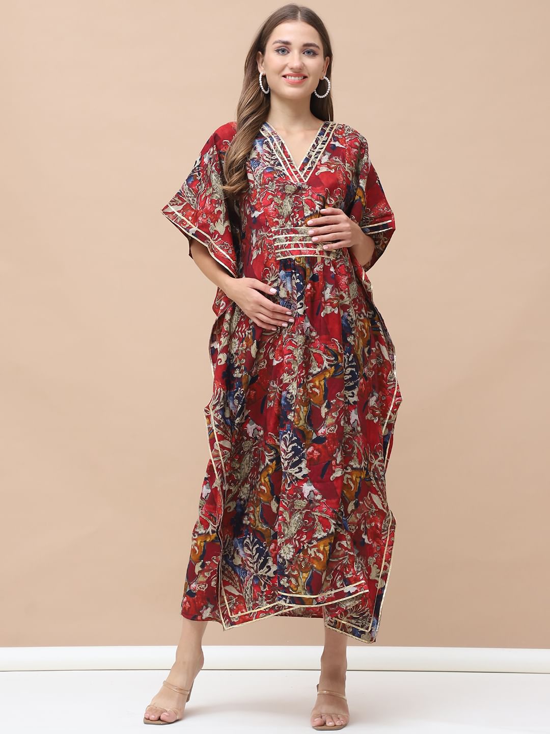 Floral Print Red Chanderi Silk Maternity Kaftan Dress Calf Length