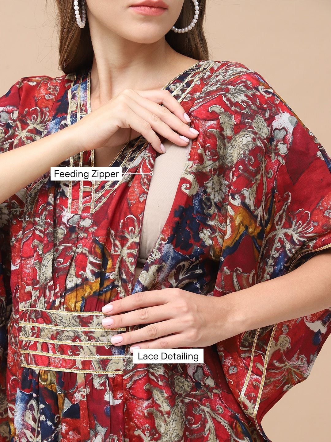 Floral Print Red Chanderi Silk Maternity Kaftan Dress Calf Length