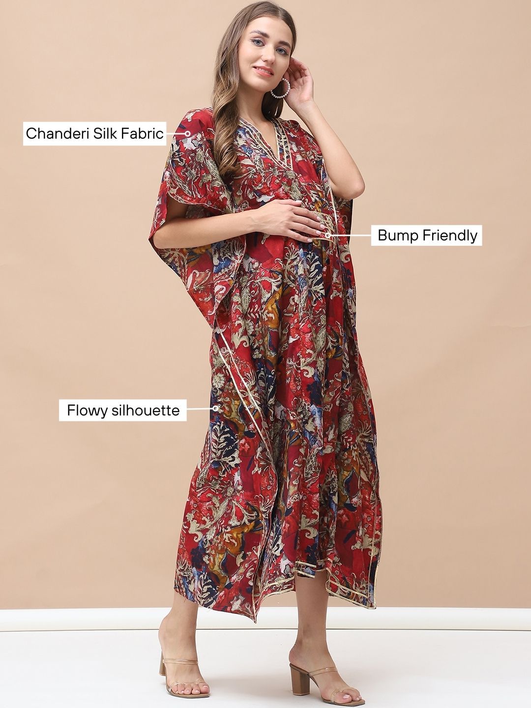 Floral Print Red Chanderi Silk Maternity Kaftan Dress Calf Length