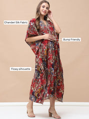 Floral Print Red Chanderi Silk Maternity Kaftan Dress Calf Length