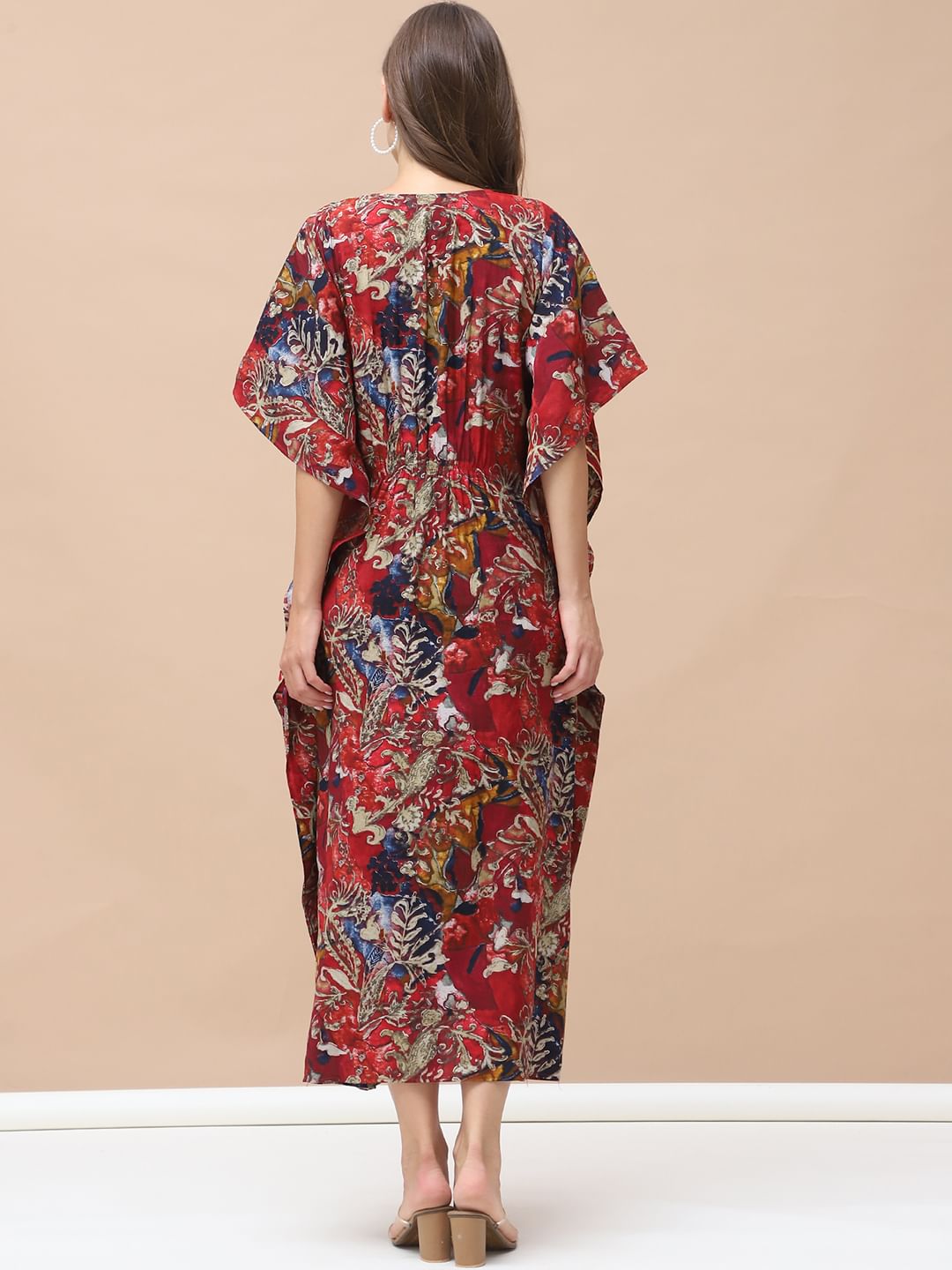 Floral Print Red Chanderi Silk Maternity Kaftan Dress Calf Length