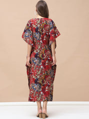 Floral Print Red Chanderi Silk Maternity Kaftan Dress Calf Length