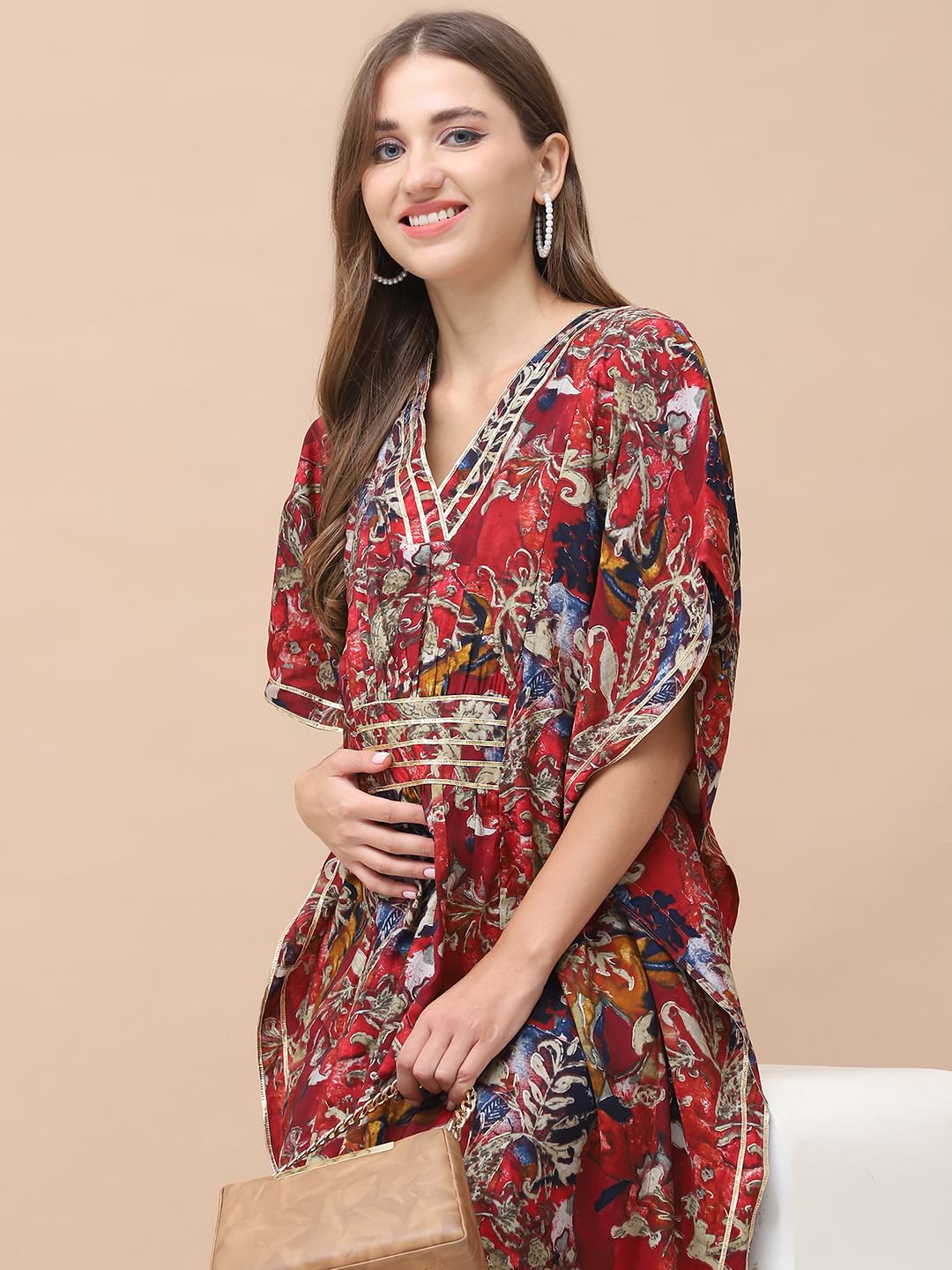 Floral Print Red Chanderi Silk Maternity Kaftan Dress Calf Length