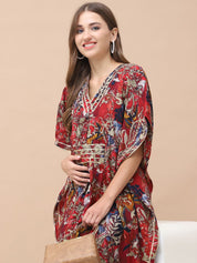 Floral Print Red Chanderi Silk Maternity Kaftan Dress Calf Length