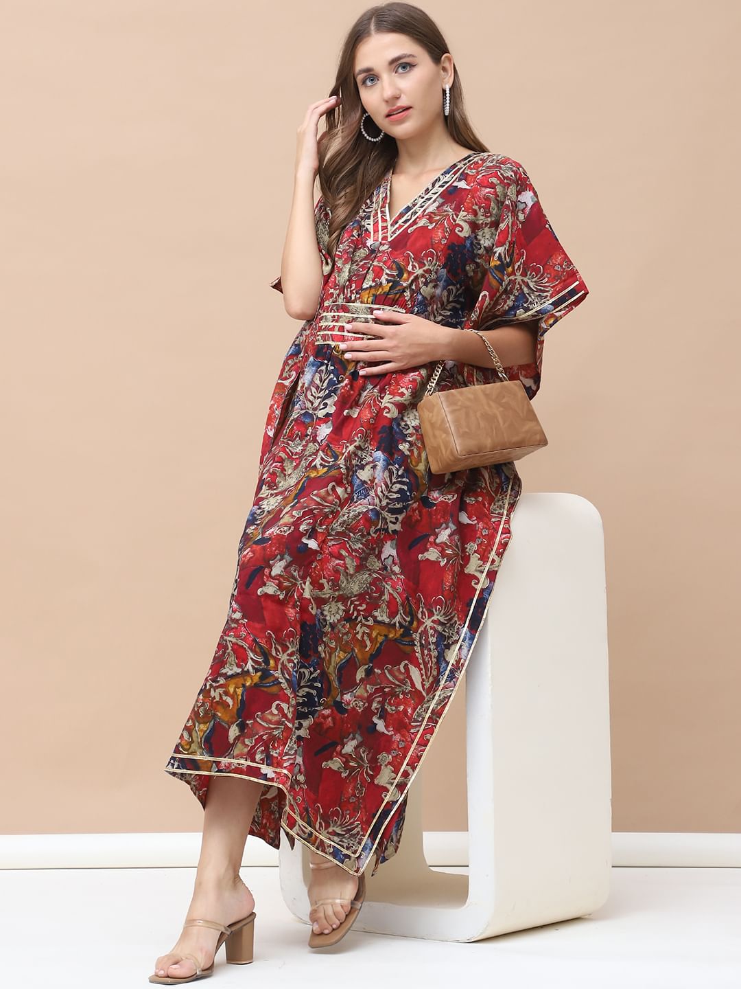 Floral Print Red Chanderi Silk Maternity Kaftan Dress Calf Length