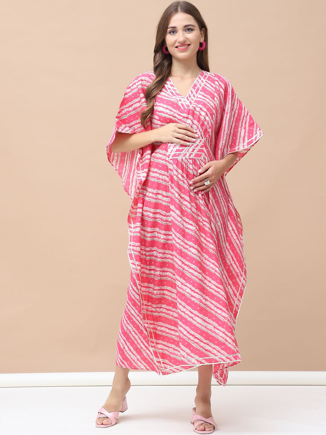 Bandhani Print Pink Chanderi Silk Maternity Kaftan Dress Calf Length