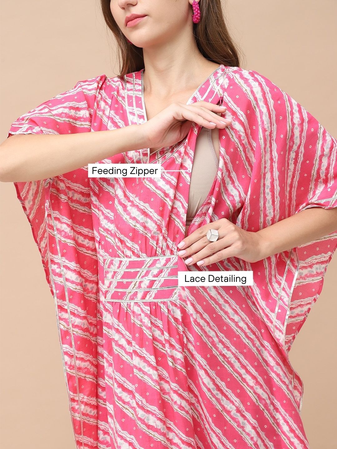 Bandhani Print Pink Chanderi Silk Maternity Kaftan Dress Calf Length