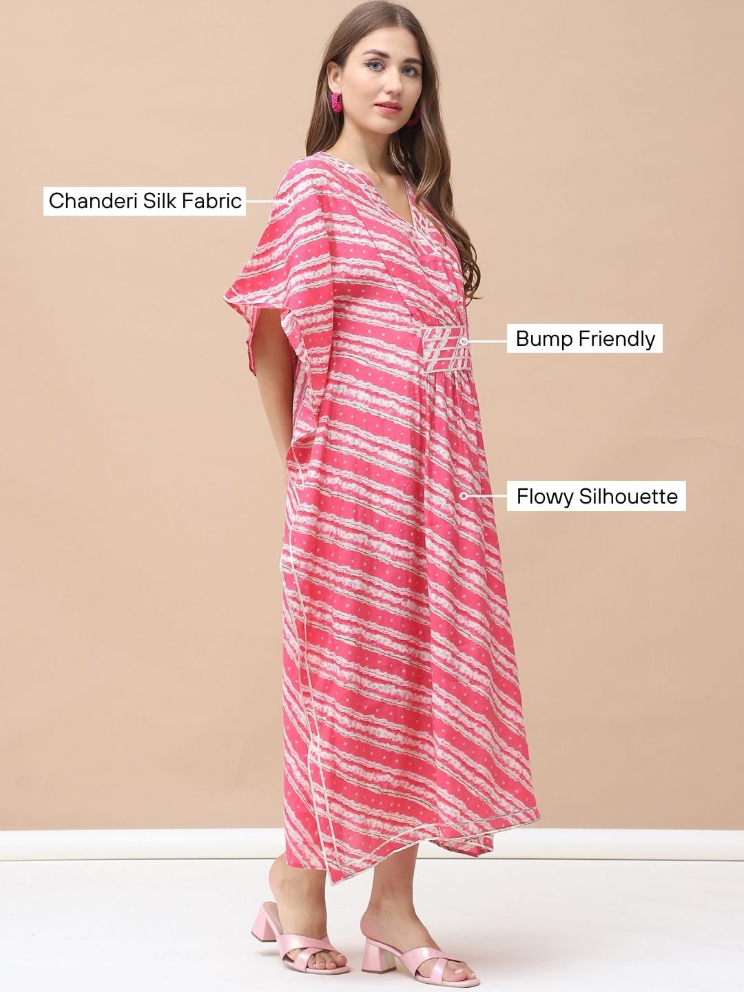 Bandhani Print Pink Chanderi Silk Maternity Kaftan Dress Calf Length