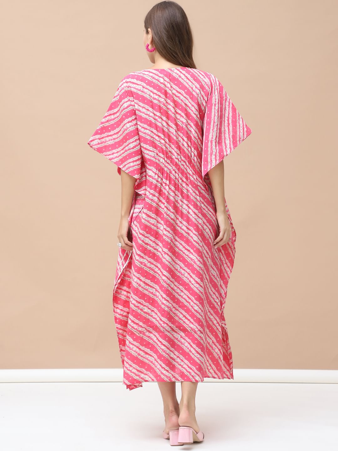 Bandhani Print Pink Chanderi Silk Maternity Kaftan Dress Calf Length