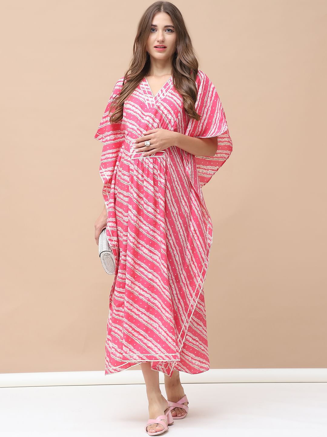 Bandhani Print Pink Chanderi Silk Maternity Kaftan Dress Calf Length