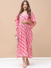 Bandhani Print Pink Chanderi Silk Maternity Kaftan Dress Calf Length