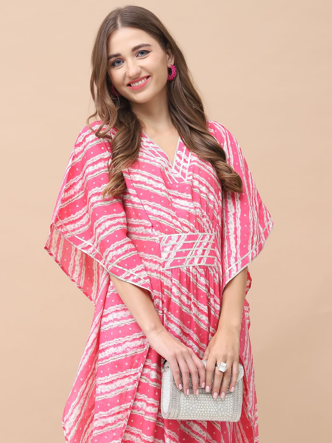 Bandhani Print Pink Chanderi Silk Maternity Kaftan Dress Calf Length