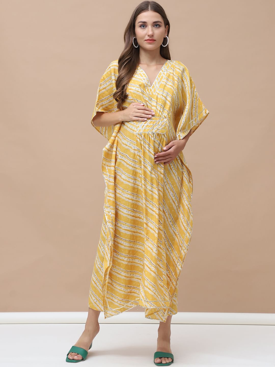 Bandhani Print Yellow Chanderi Silk Maternity Kaftan Dress Calf Length