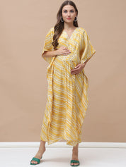 Bandhani Print Yellow Chanderi Silk Maternity Kaftan Dress Calf Length