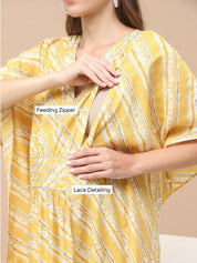 Bandhani Print Yellow Chanderi Silk Maternity Kaftan Dress Calf Length