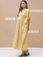 Bandhani Print Yellow Chanderi Silk Maternity Kaftan Dress Calf Length