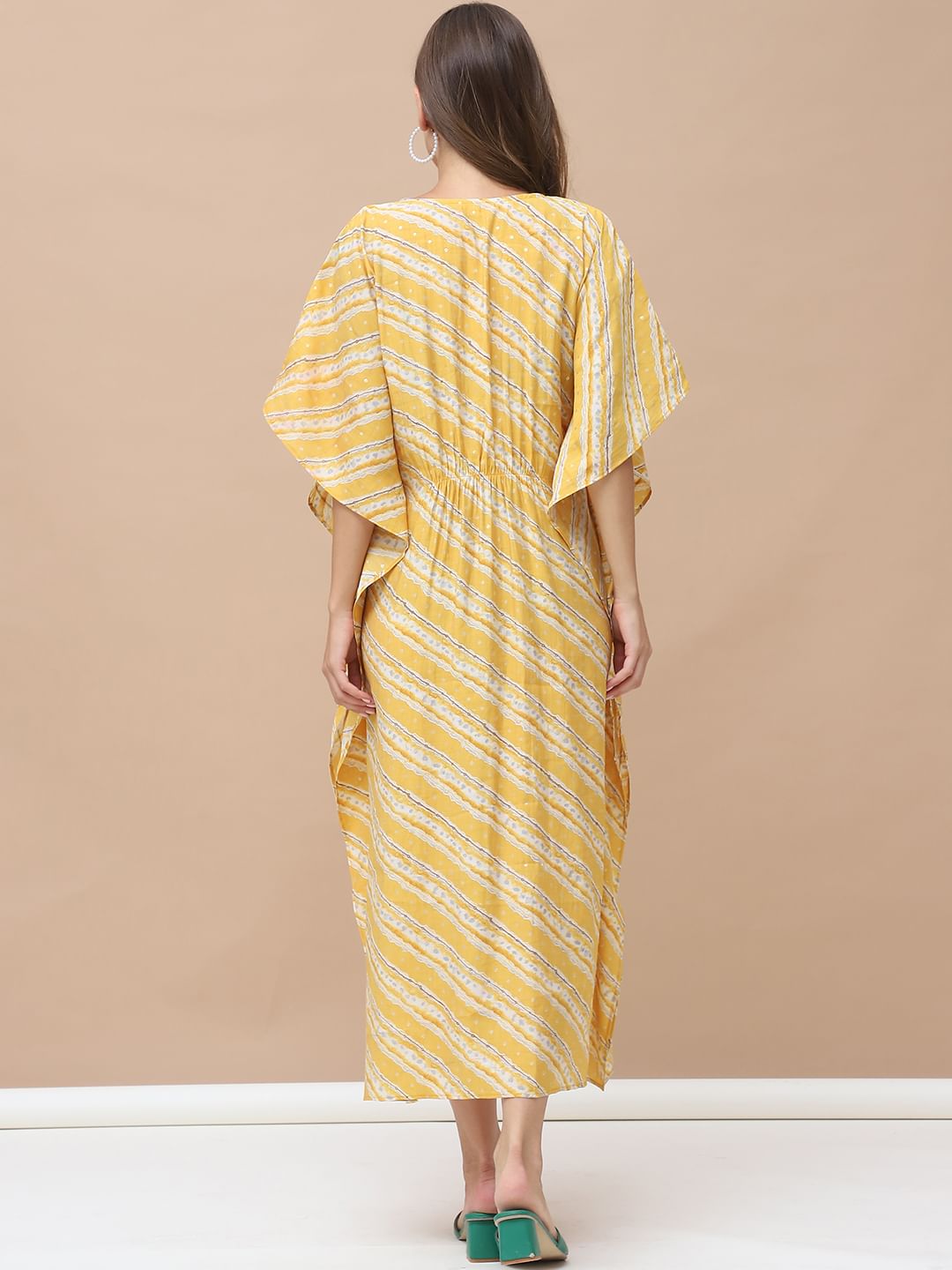 Bandhani Print Yellow Chanderi Silk Maternity Kaftan Dress Calf Length