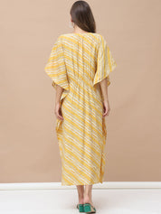 Bandhani Print Yellow Chanderi Silk Maternity Kaftan Dress Calf Length