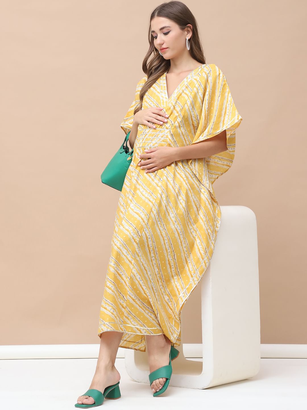 Bandhani Print Yellow Chanderi Silk Maternity Kaftan Dress Calf Length