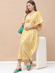 Bandhani Print Yellow Chanderi Silk Maternity Kaftan Dress Calf Length