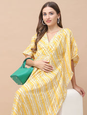 Bandhani Print Yellow Chanderi Silk Maternity Kaftan Dress Calf Length
