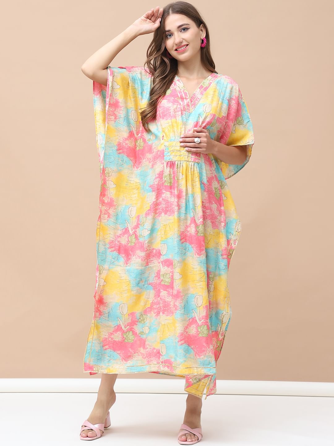 Printed Multi Chanderi Silk Maternity Kaftan Dress Calf Length