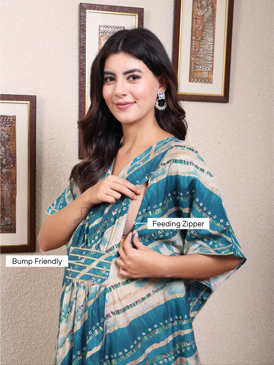 Blue Striped Chanderi Silk Maternity Kaftan Dress