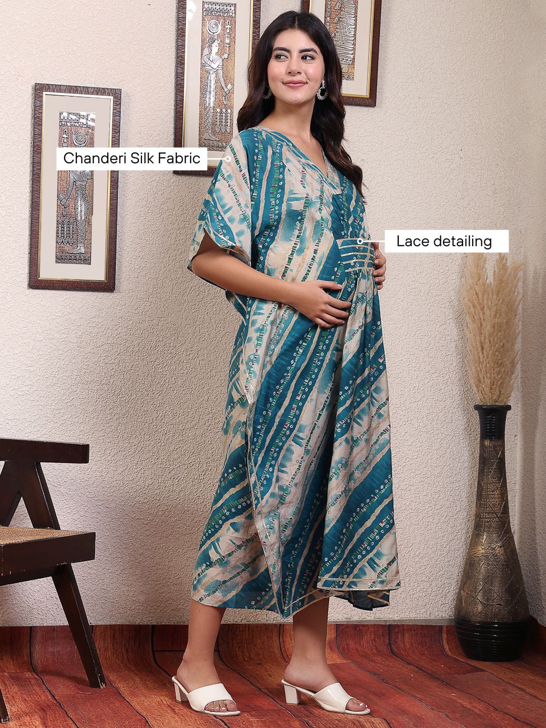 Blue Striped Chanderi Silk Maternity Kaftan Dress