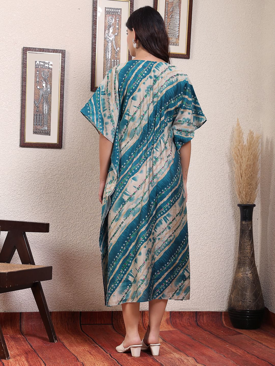 Blue Striped Chanderi Silk Maternity Kaftan Dress