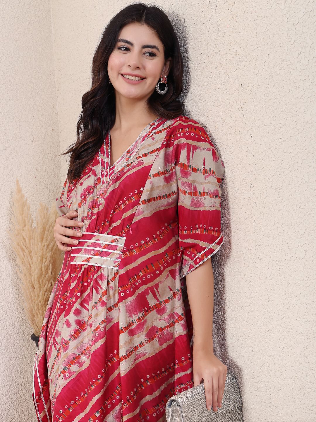 Red Striped Chanderi Silk Maternity Kaftan Dress