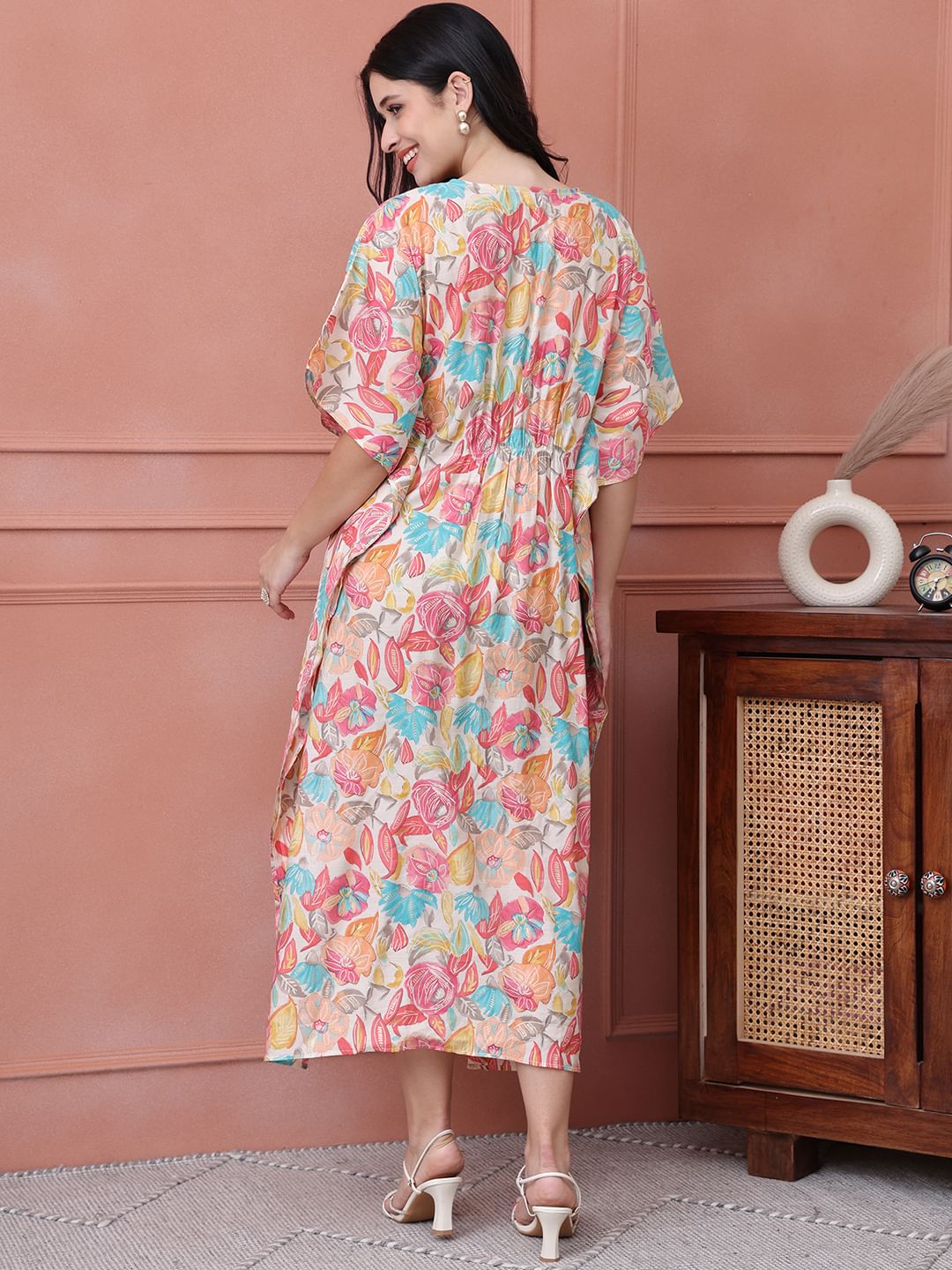 Multi Floral Chanderi Silk Maternity Kaftan Dress