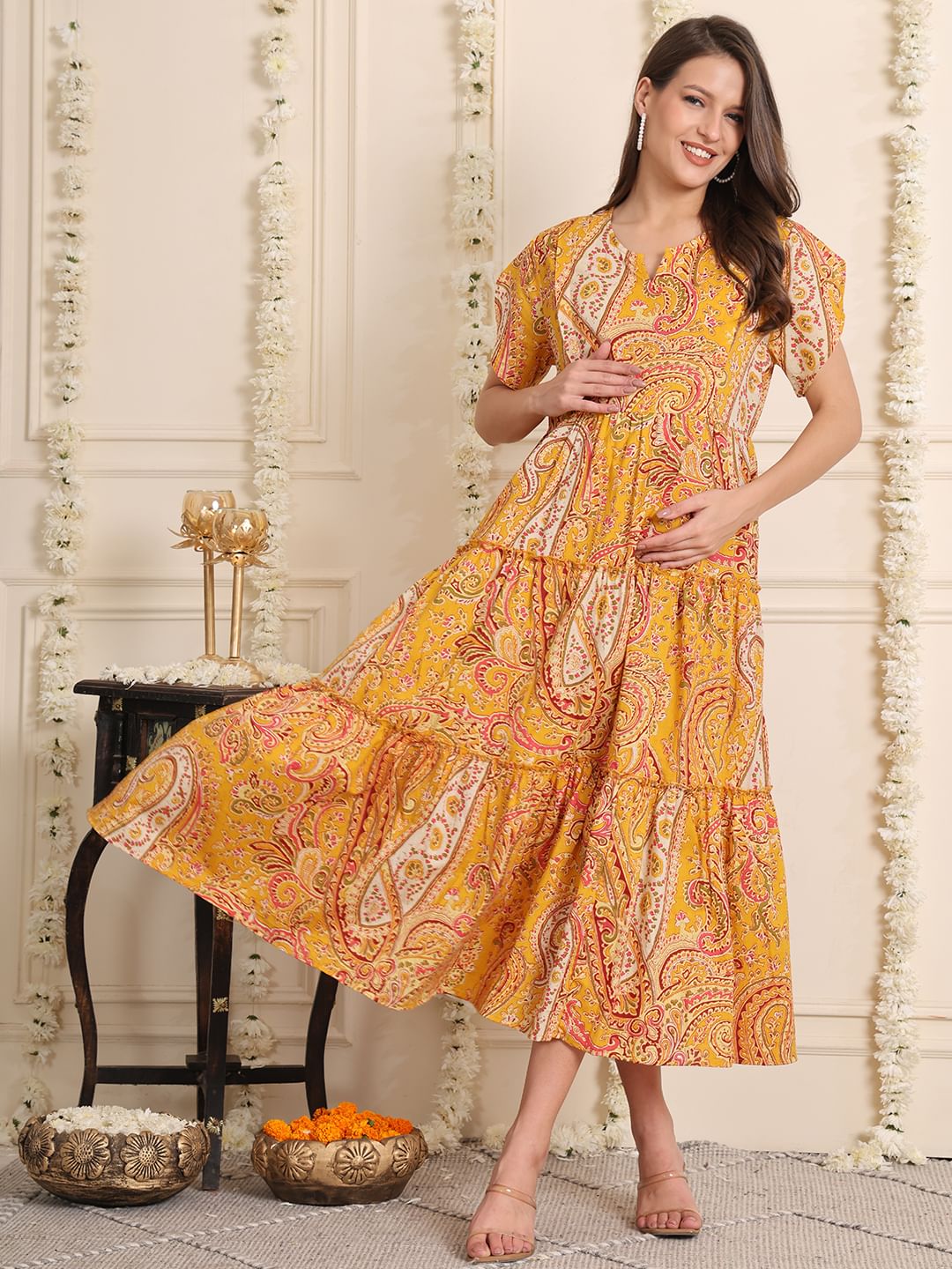 Buy Yellow Floral Cotton Maternity Dress Online at Secret Wish