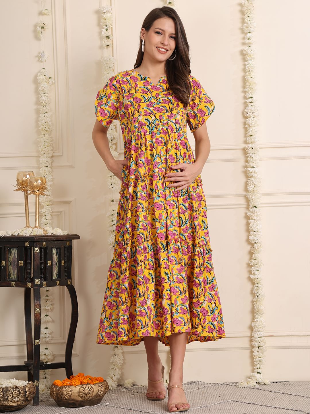 Buy Yellow Floral Cotton Maternity Dress Online at Secret Wish Buy Yellow Floral Cotton Maternity Dress Online at Secret Wish