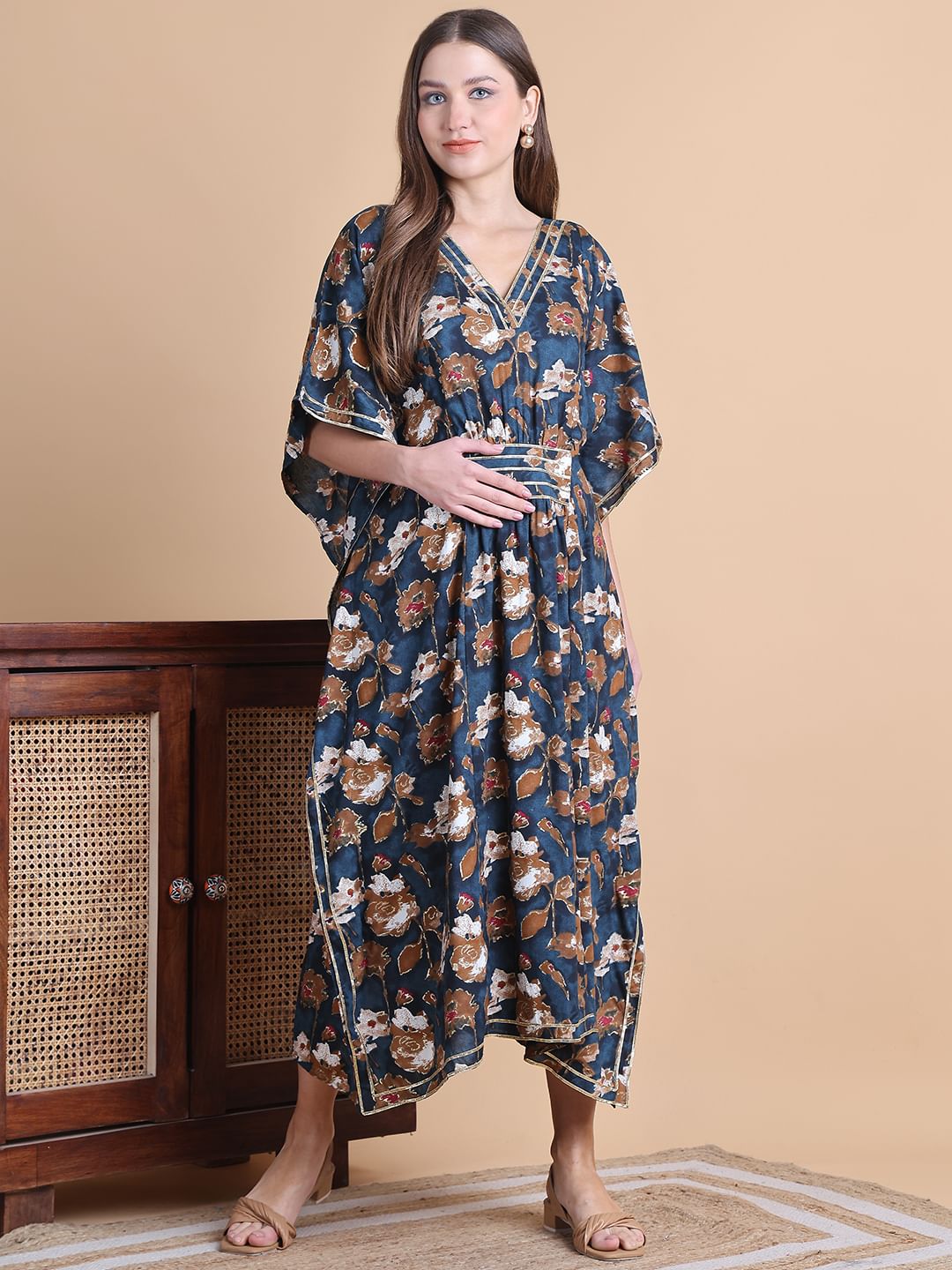 Secret Wish Navy Blue Floral Rayon Maternity Kaftan Dress