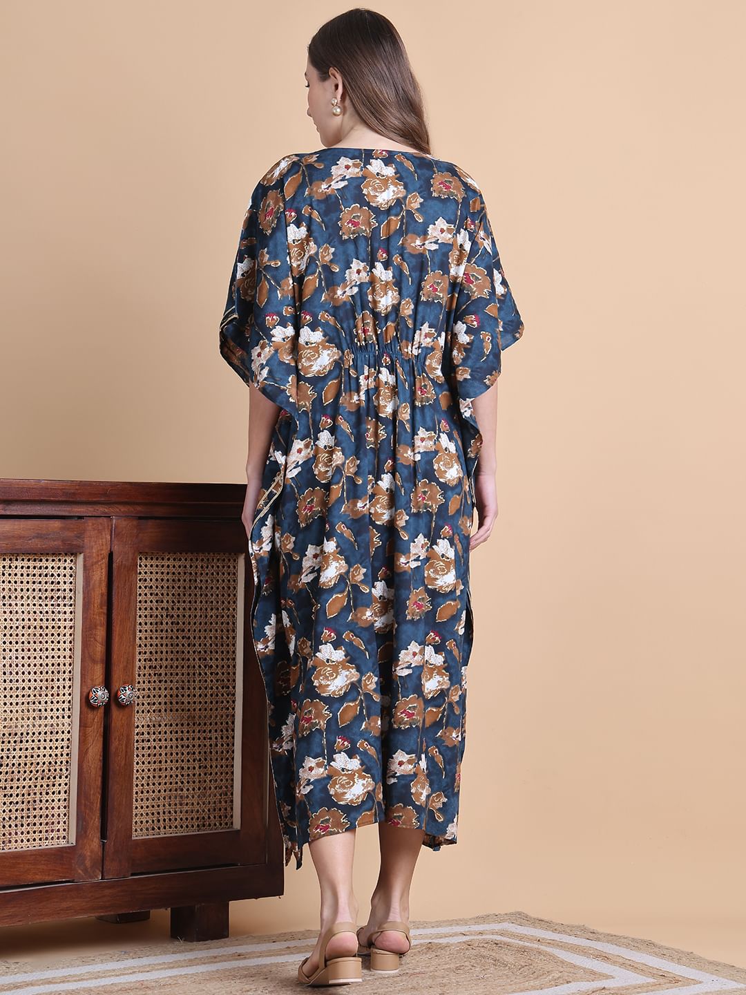 Secret Wish Navy Blue Floral Rayon Maternity Kaftan Dress