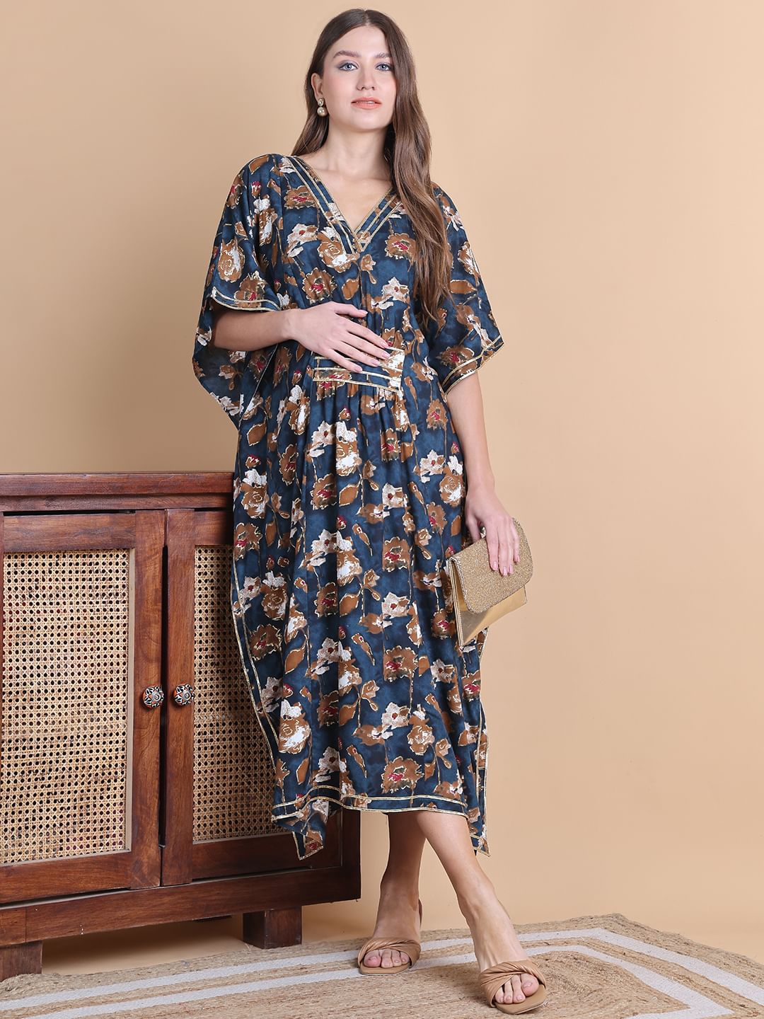 Secret Wish Navy Blue Floral Rayon Maternity Kaftan Dress