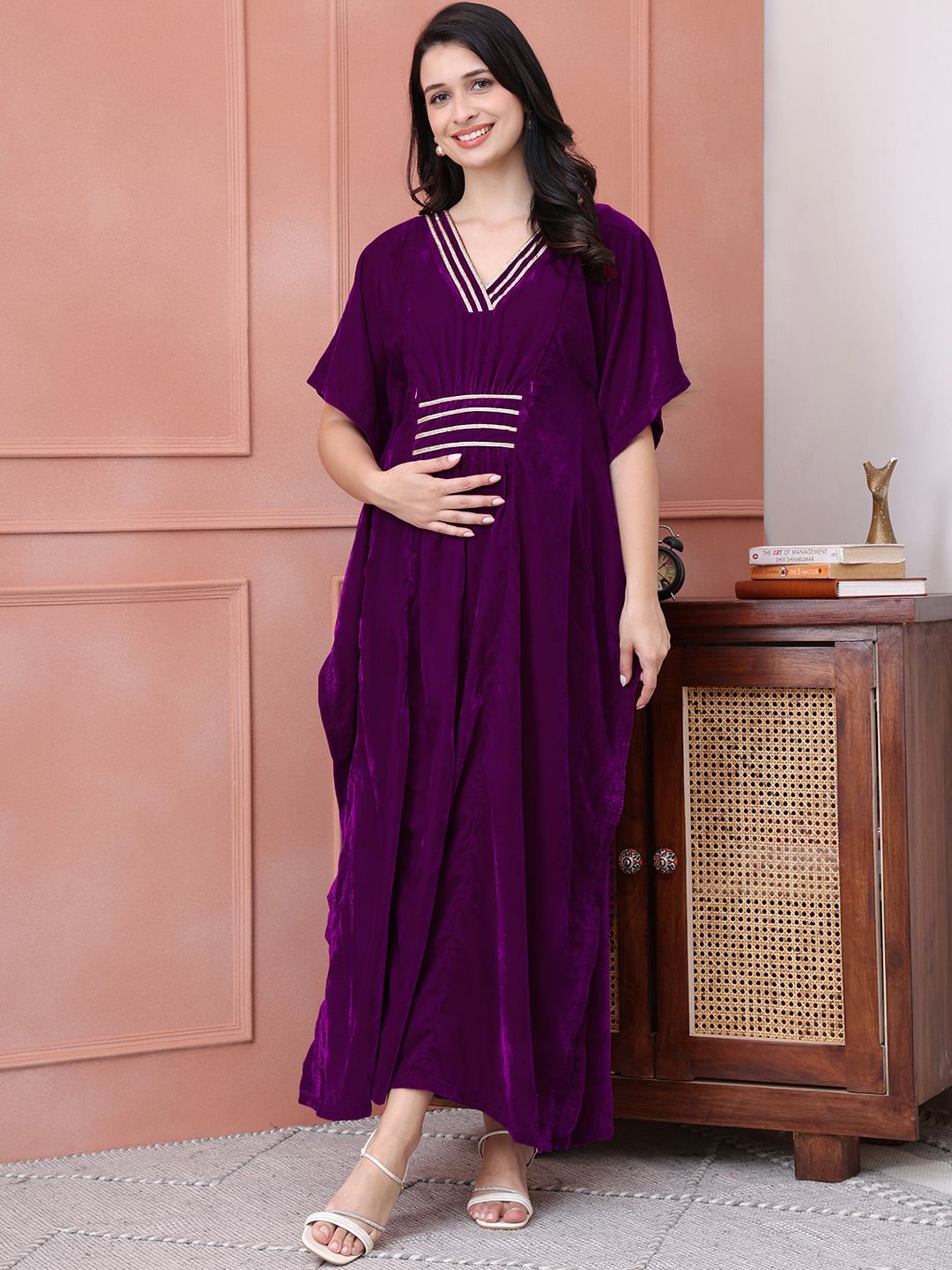 Purple Solid Velvet Maternity Kaftan Dress