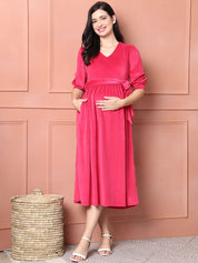 Pink Solid Velour Maternity Dress
