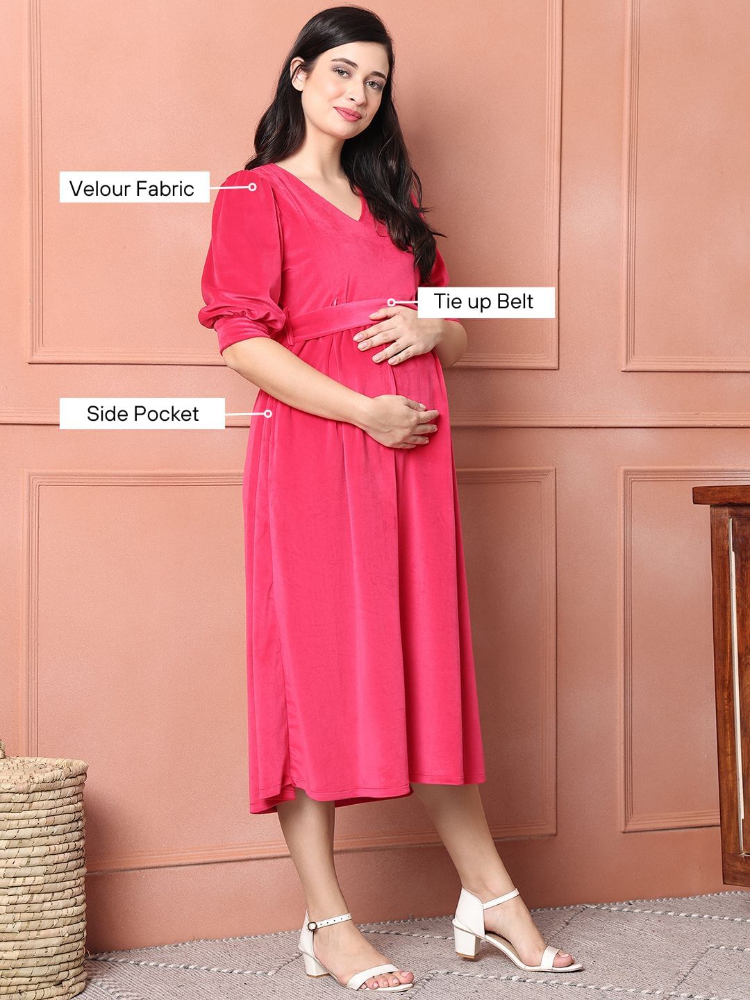 Pink Solid Velour Maternity Dress